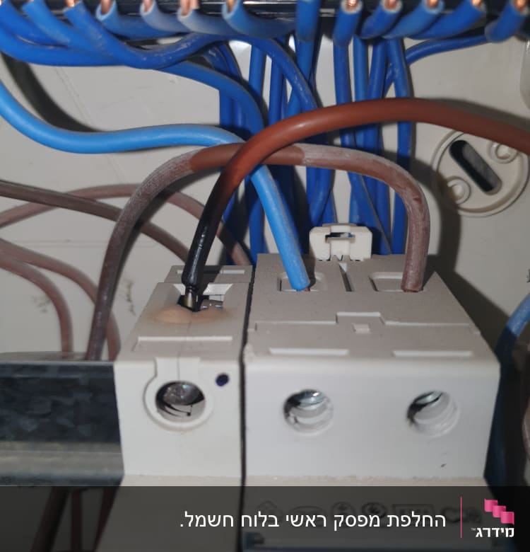 חוטי חשמל מחוברים למפסק חשמלי בלוח חשמל